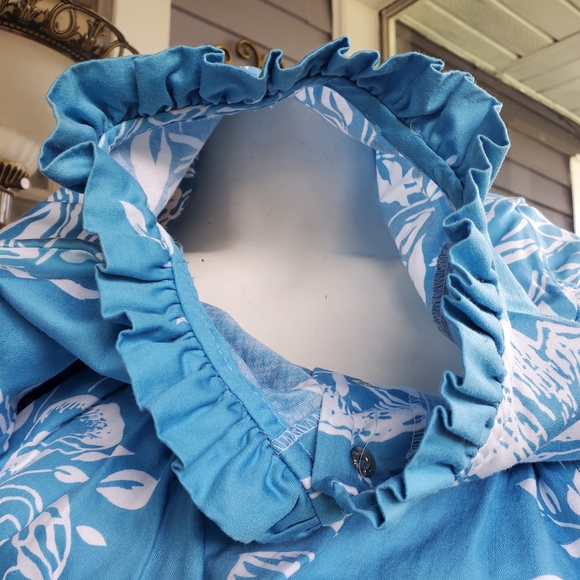 Vintage Ruffle Puff Shoulders Snap Front Pleated 2 Pockets Floral Mumu Dress - Picture 7 of 10